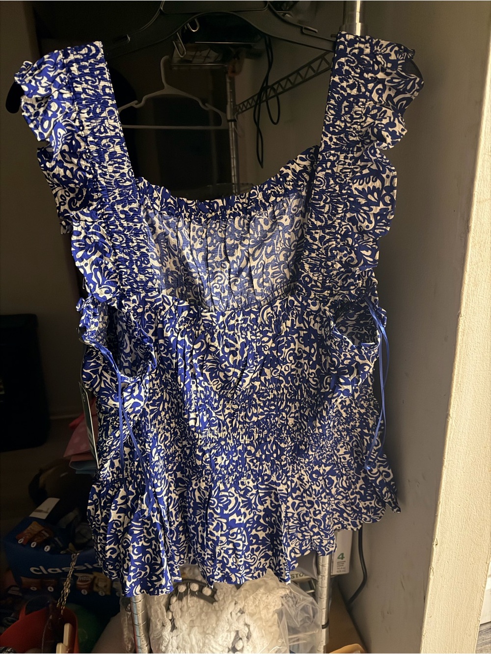 Time and Tru Blue and White Ruffle-Smocked Camisole